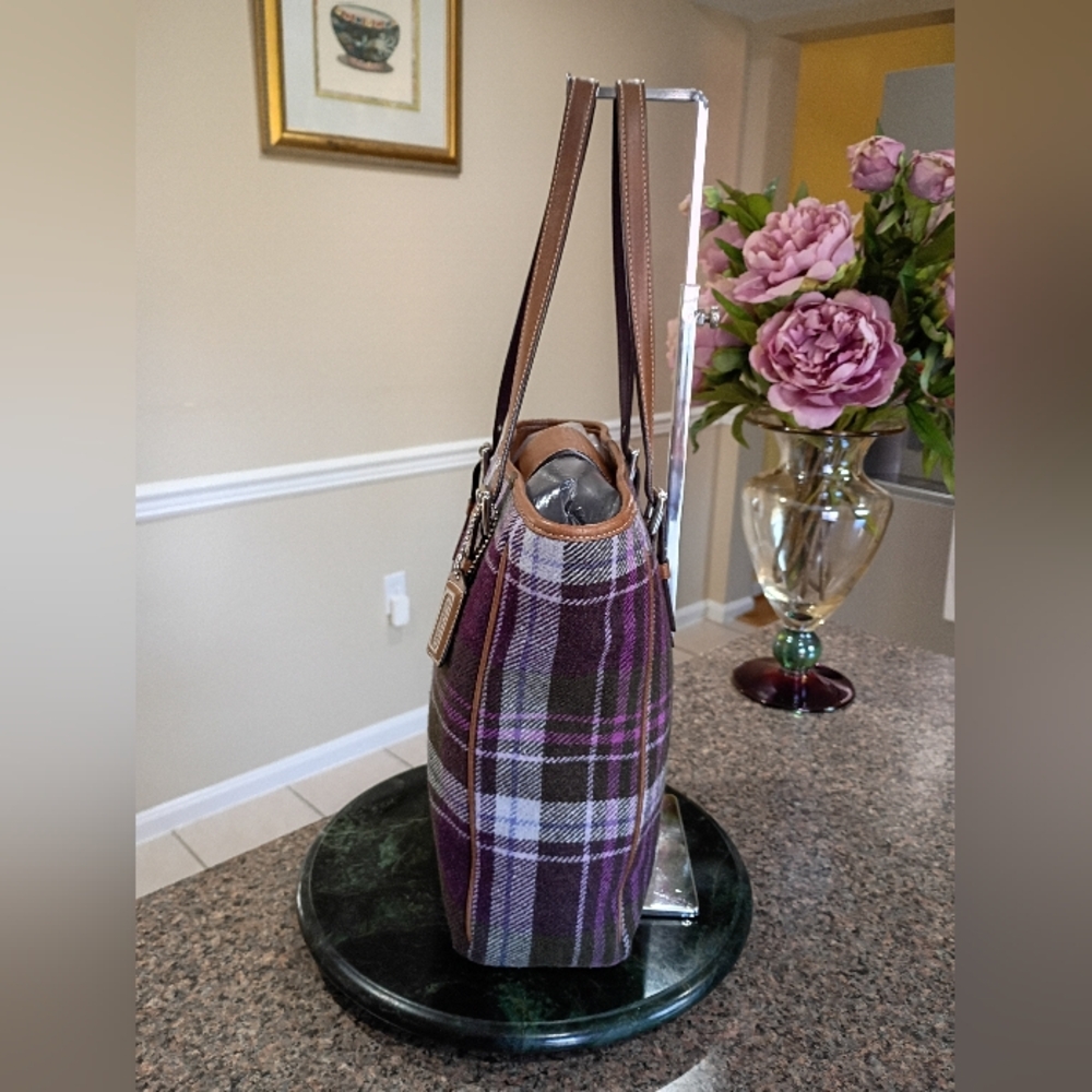 Coach Wool Plaid Purple Tote - Picture 8 of 16